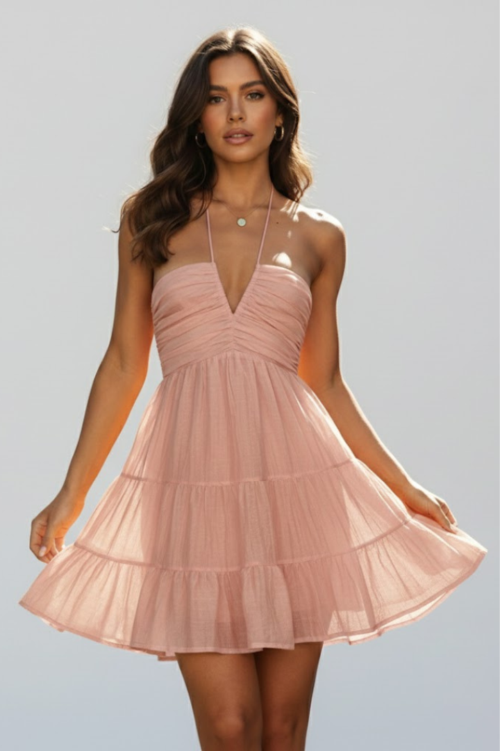 Bella | Women's Halter Mini Dress | Tiered Skirt-Women Dress-Pick NewYork