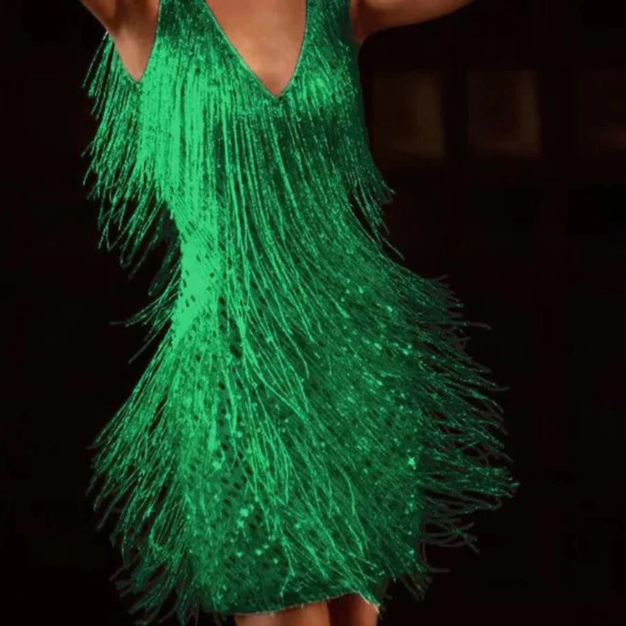 Celeste | Women’s Fringe Mini Dress | Sequin V Neck Sleeveless-Pick NewYork