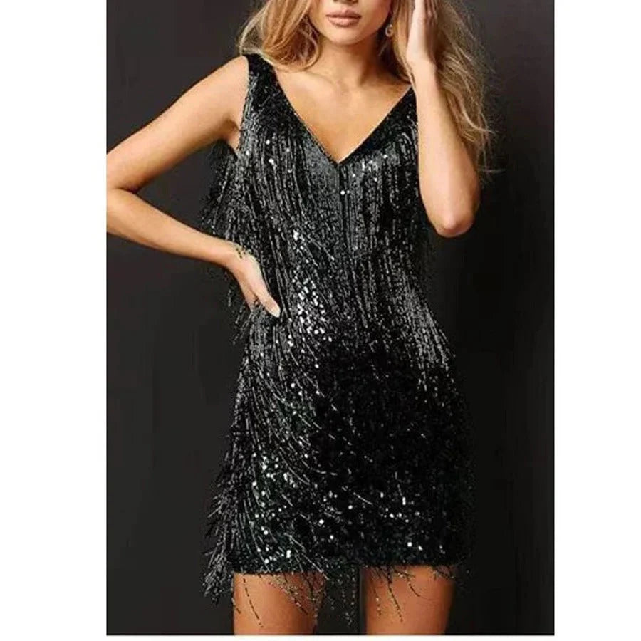 Celeste | Women’s Fringe Mini Dress | Sequin V Neck Sleeveless-Pick NewYork