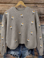 Elara | Women’s Floral Knit Sweater | Daisy Embroidery Crew Neck-Pick NewYork