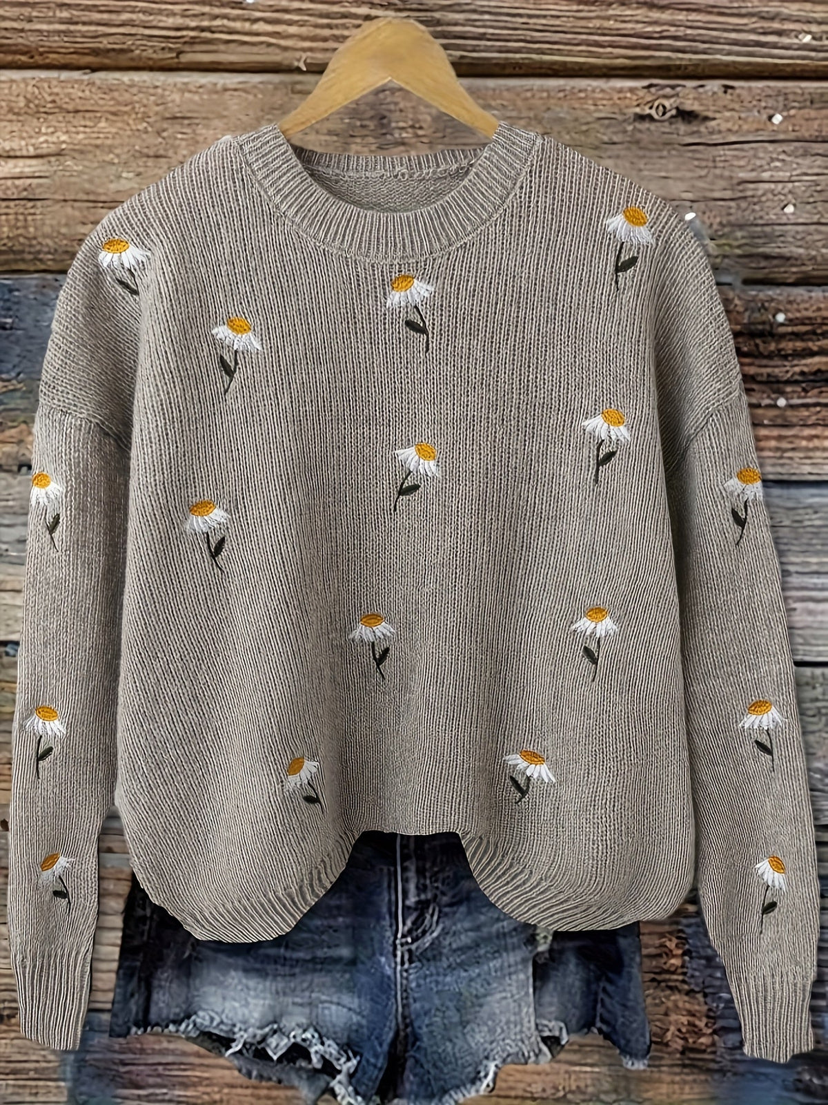 Elara | Women’s Floral Knit Sweater | Daisy Embroidery Crew Neck-Pick NewYork