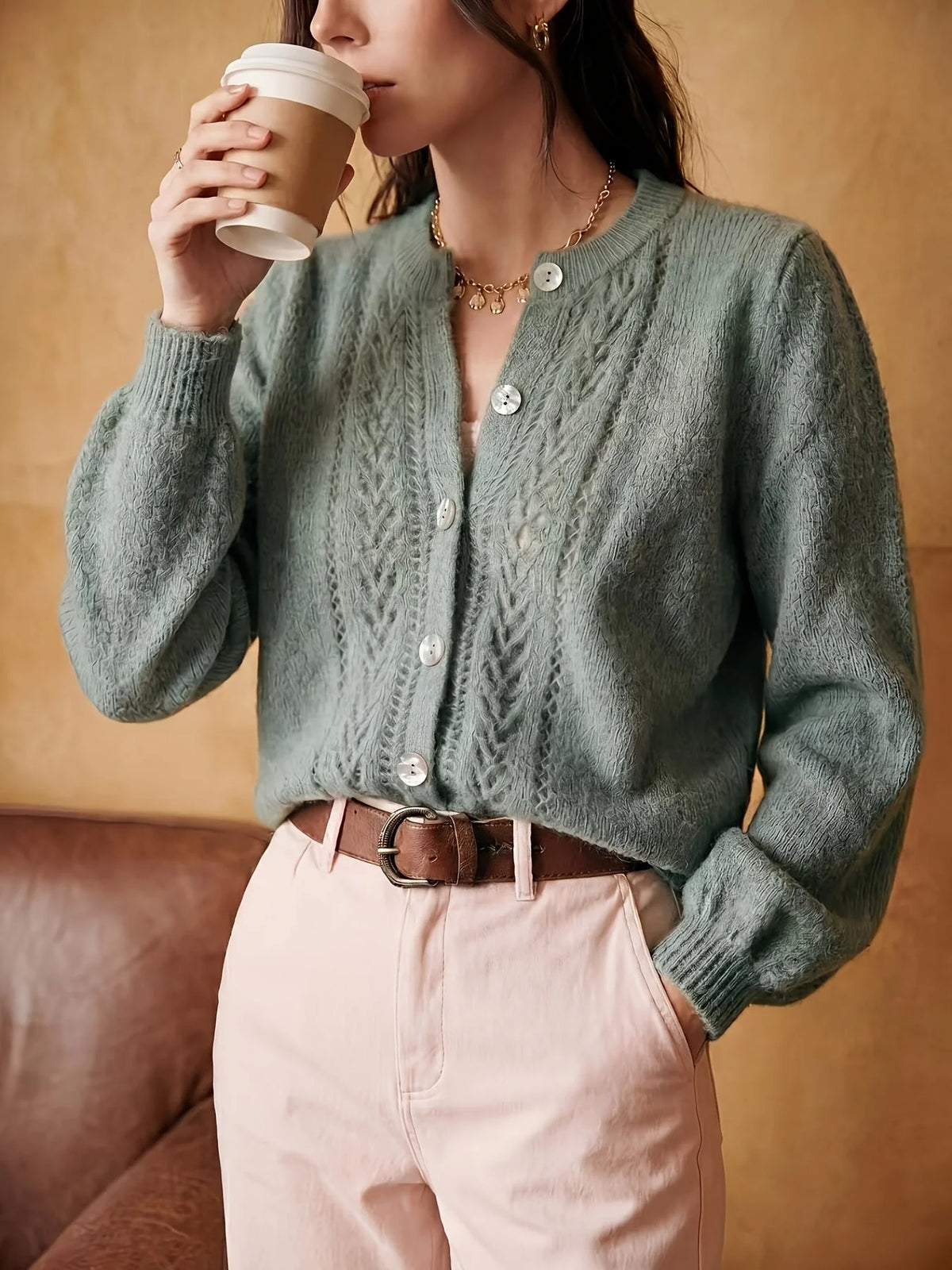Marielle | Women’s Cable Knit Cardigan | Button Front Crew Neck-Pick NewYork