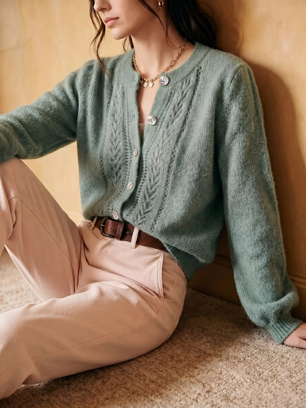 Marielle | Women’s Cable Knit Cardigan | Button Front Crew Neck-Pick NewYork
