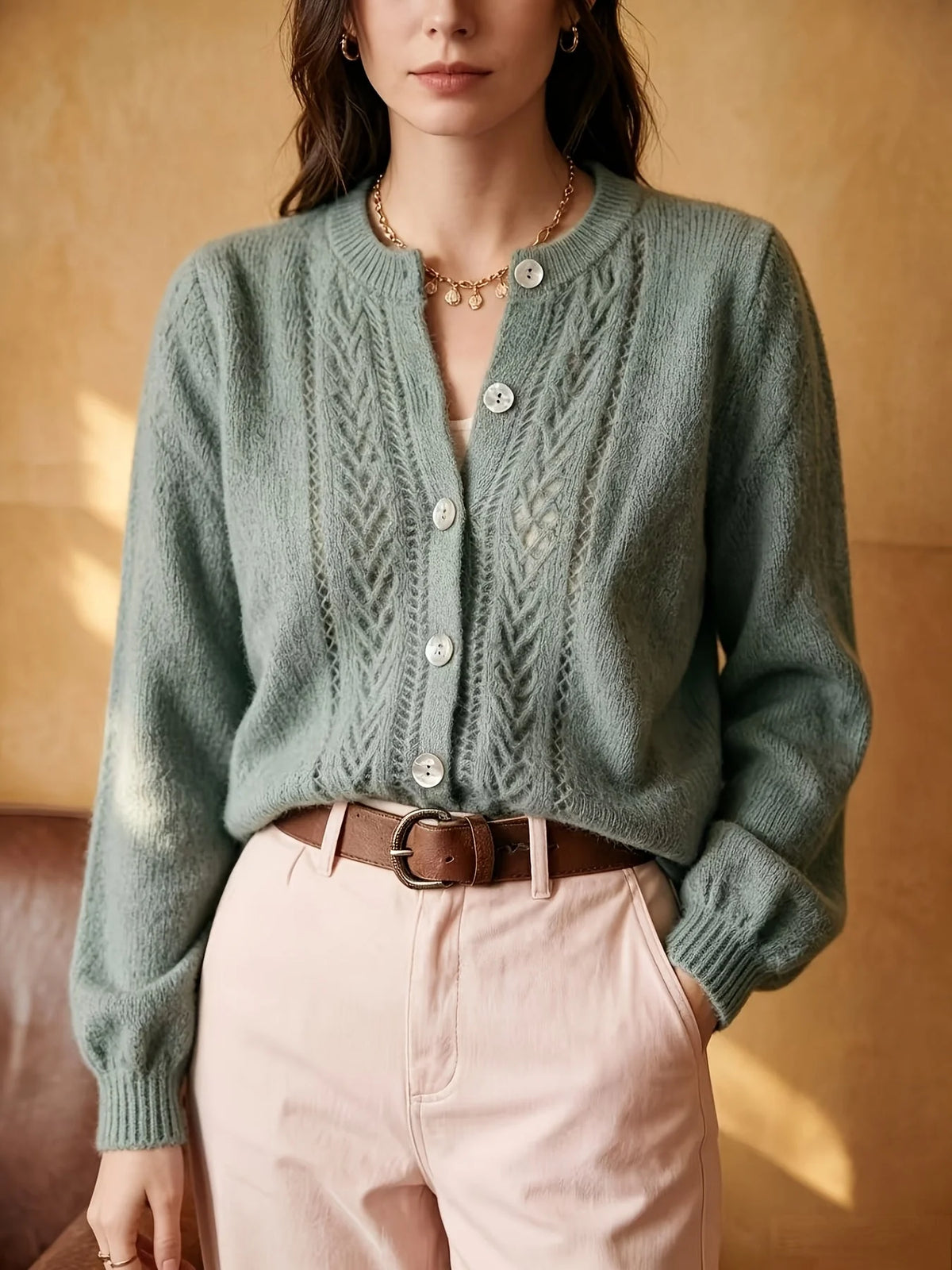 Marielle | Women’s Cable Knit Cardigan | Button Front Crew Neck-Pick NewYork
