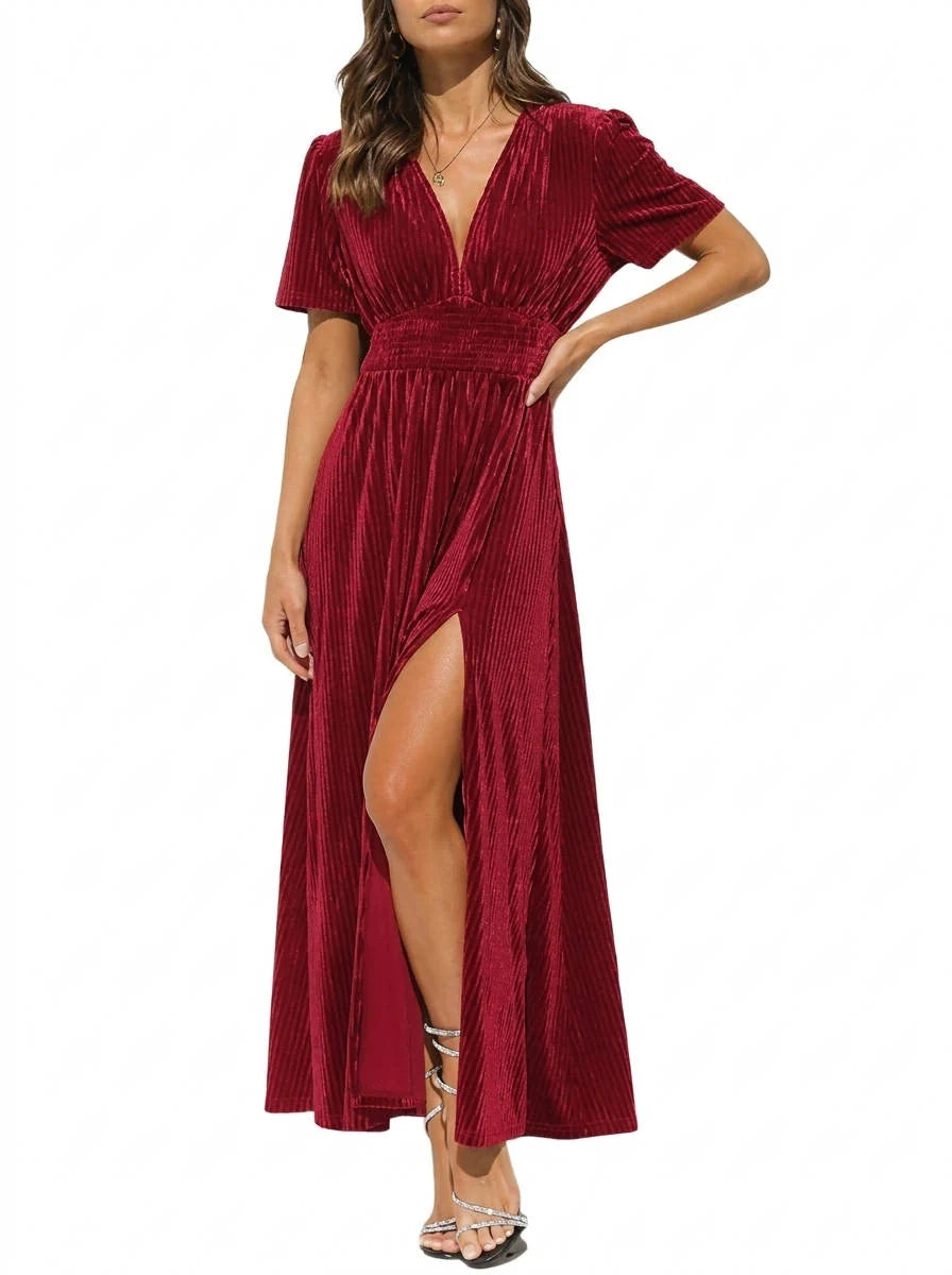 Valeria | Women’s Velvet Maxi Dress | V Neck Short Sleeve Front Slit-Pick NewYork