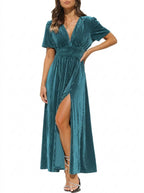 Valeria | Women’s Velvet Maxi Dress | V Neck Short Sleeve Front Slit-Pick NewYork