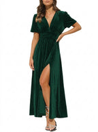 Valeria | Women’s Velvet Maxi Dress | V Neck Short Sleeve Front Slit-Pick NewYork
