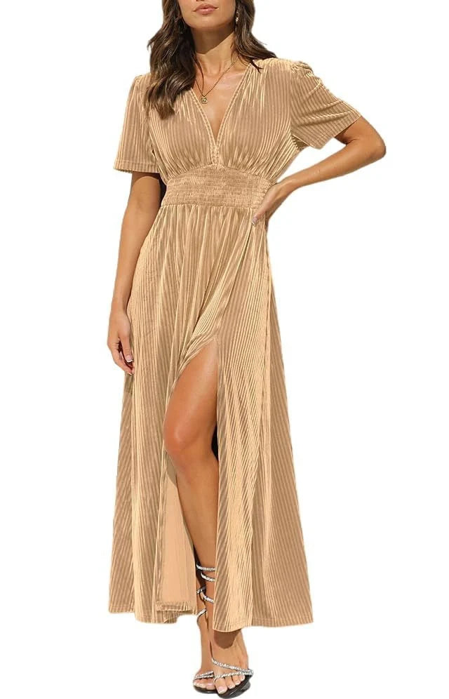 Valeria | Women’s Velvet Maxi Dress | V Neck Short Sleeve Front Slit-Pick NewYork