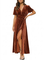 Valeria | Women’s Velvet Maxi Dress | V Neck Short Sleeve Front Slit-Pick NewYork