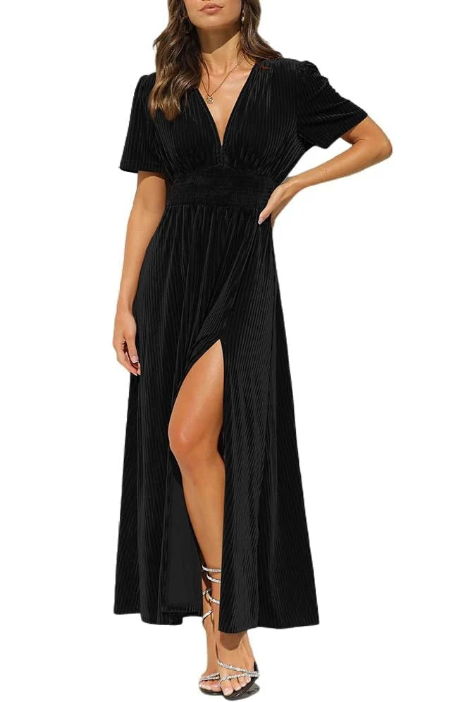 Valeria | Women’s Velvet Maxi Dress | V Neck Short Sleeve Front Slit-Pick NewYork