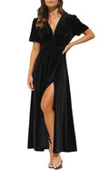Valeria | Women’s Velvet Maxi Dress | V Neck Short Sleeve Front Slit