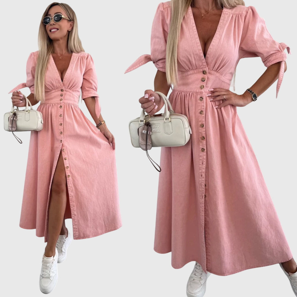 Adeline | Women’s Button Front Maxi Dress | V Neck Short Sleeve-Women Dress-Pick NewYork