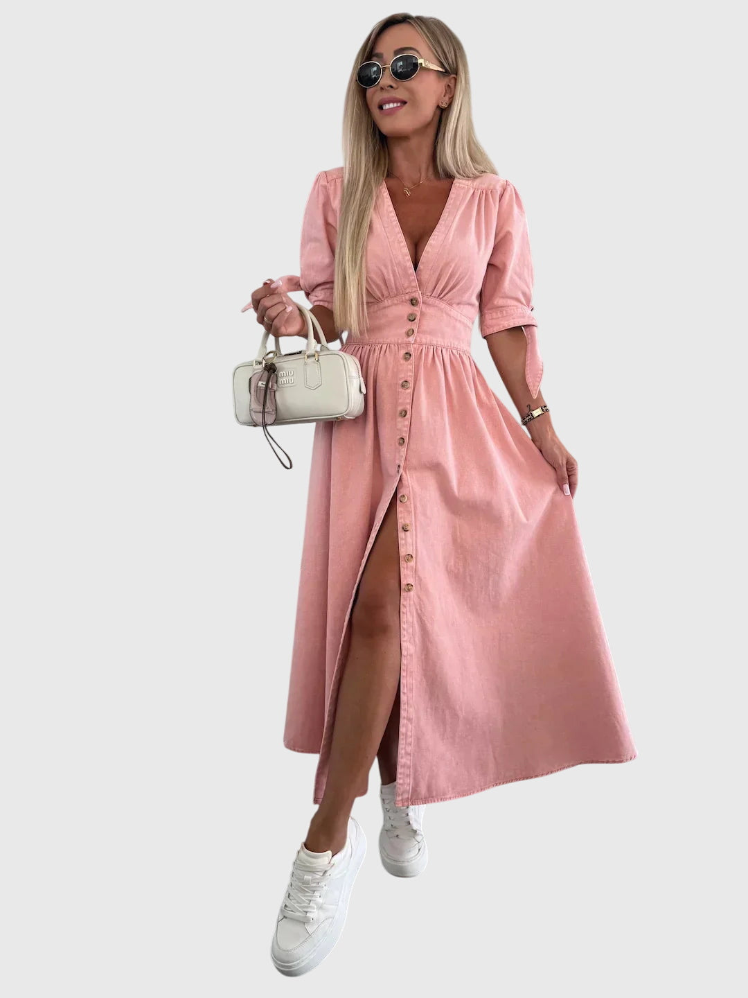 Adeline | Women’s Button Front Maxi Dress | V Neck Short Sleeve-Women Dress-Pick NewYork