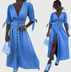 Adeline | Women’s Button Front Maxi Dress | V Neck Short Sleeve-Women Dress-Pick NewYork
