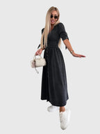 Adeline | Women’s Button Front Maxi Dress | V Neck Short Sleeve-Women Dress-Pick NewYork