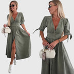 Adeline | Women’s Button Front Maxi Dress | V Neck Short Sleeve-Women Dress-Pick NewYork