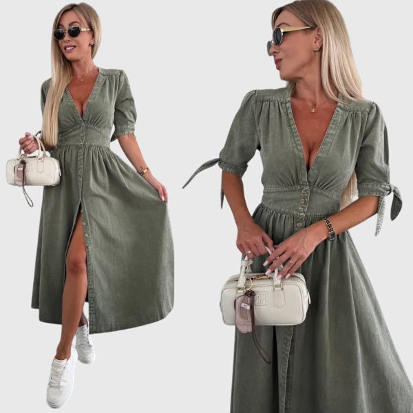 Adeline | Women’s Button Front Maxi Dress | V Neck Short Sleeve-Women Dress-Pick NewYork