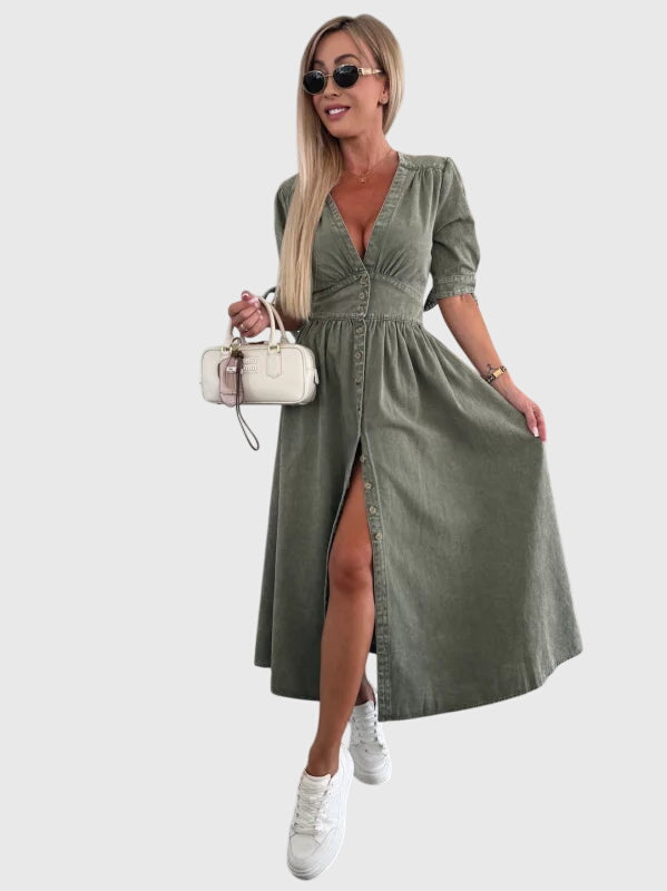 Adeline | Women’s Button Front Maxi Dress | V Neck Short Sleeve-Women Dress-Pick NewYork
