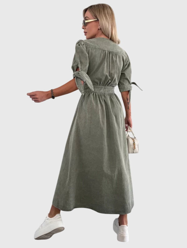 Adeline | Women’s Button Front Maxi Dress | V Neck Short Sleeve-Women Dress-Pick NewYork