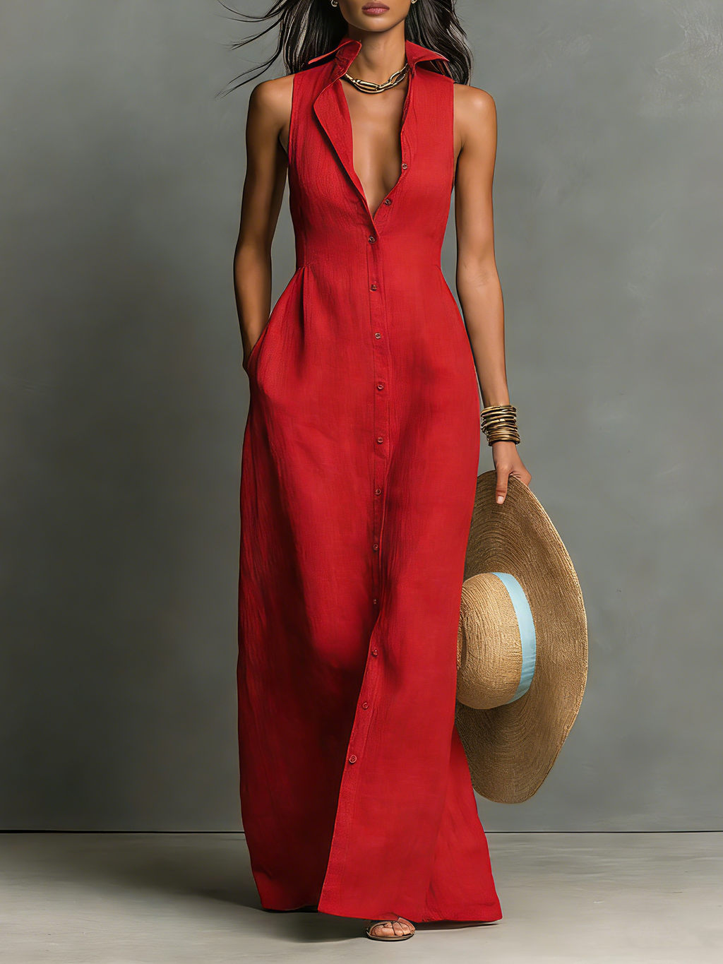 Aubrey | Women's Collared Maxi Dress | Sleeveless Button Front Vacation Wear-Women Dress-Pick NewYork
