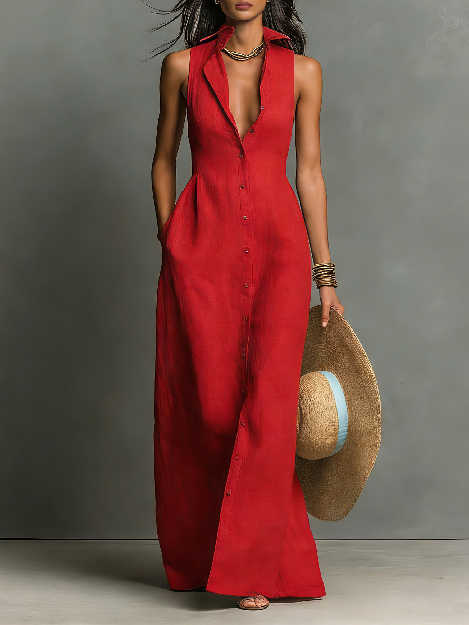 Aubrey | Women's Collared Maxi Dress | Sleeveless Button Front Vacation Wear-Women Dress-Pick NewYork