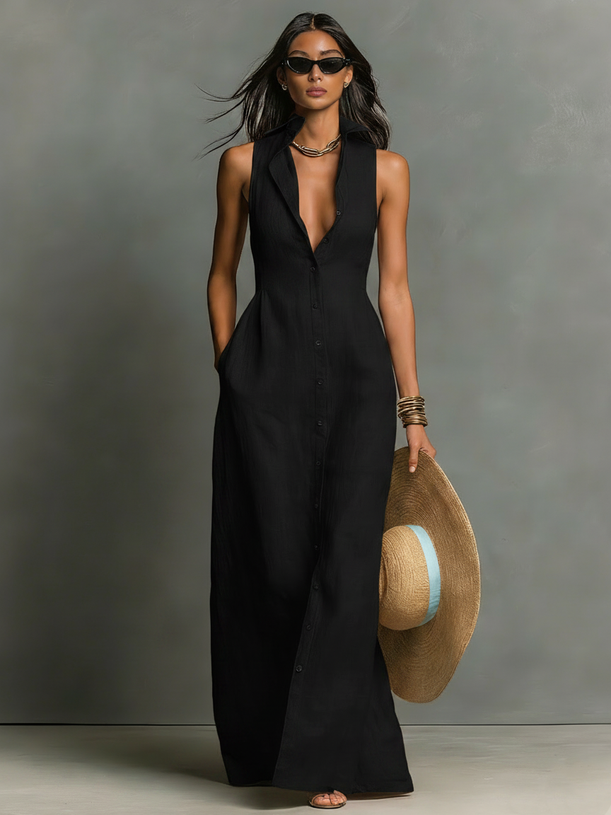 Aubrey | Women's Collared Maxi Dress | Sleeveless Button Front Vacation Wear-Women Dress-Pick NewYork