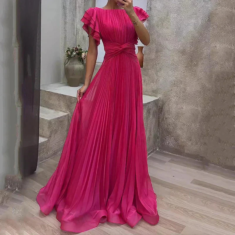 Aurora | Women's Pleated Maxi Dress | Twist Waist Flutter Sleeve-Women Dress-Pick NewYork
