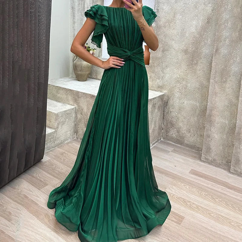Aurora | Women's Pleated Maxi Dress | Twist Waist Flutter Sleeve-Women Dress-Pick NewYork