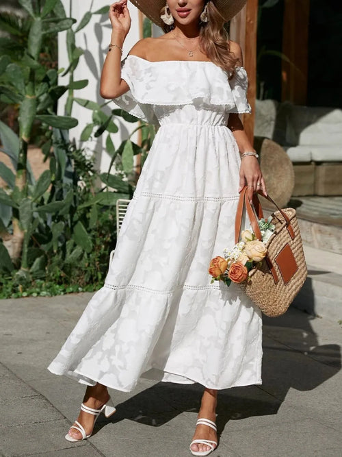 Ava | Women’s Off Shoulder Pattern Maxi Dress | Tiered Skirt Smocked Bodice Wedding Guest-Women Dress-Pick NewYork
