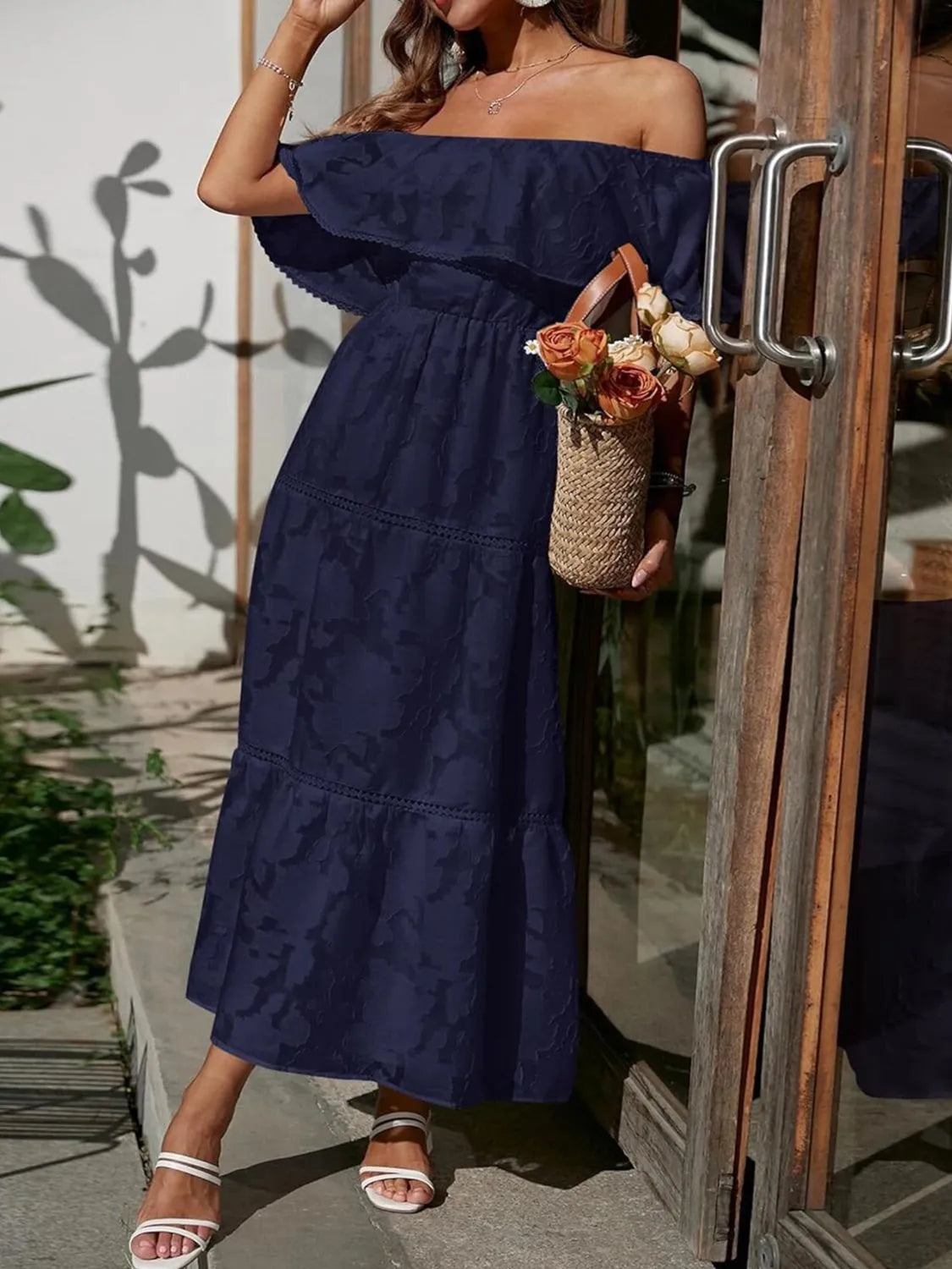 Ava | Women’s Off Shoulder Pattern Maxi Dress | Tiered Skirt Smocked Bodice Wedding Guest-Women Dress-Pick NewYork