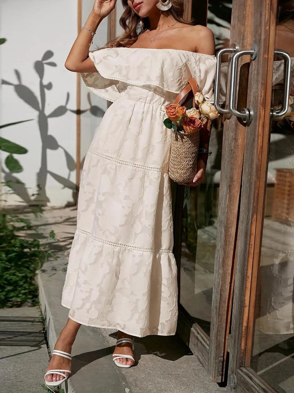 Ava | Women’s Off Shoulder Pattern Maxi Dress | Tiered Skirt Smocked Bodice Wedding Guest-Women Dress-Pick NewYork