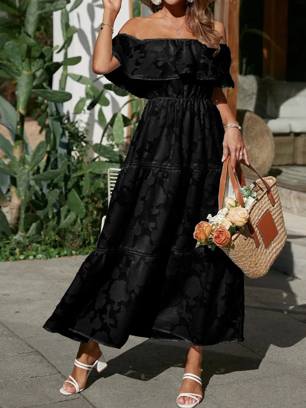 Ava | Women’s Off Shoulder Pattern Maxi Dress | Tiered Skirt Smocked Bodice Wedding Guest-Women Dress-Pick NewYork