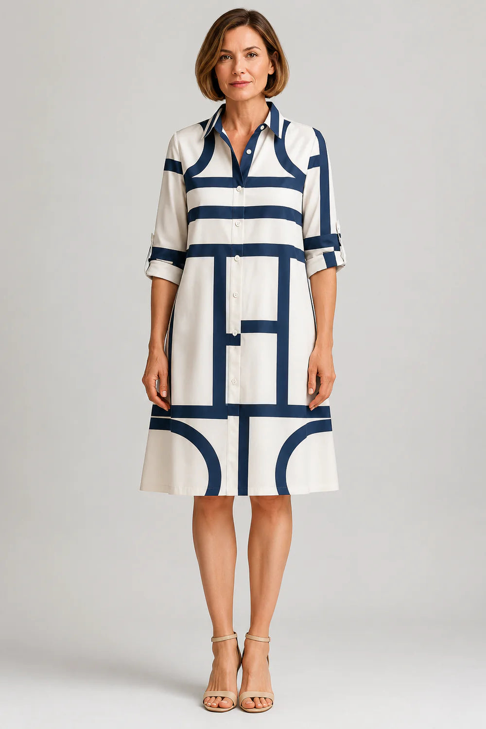 Brooke | Women’s Geometric Print Shirt Dress | Button Front Long Sleeve Everyday Wear-Women Dress-Pick NewYork