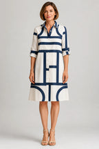 Brooke | Women’s Geometric Print Shirt Dress | Button Front Long Sleeve Everyday Wear-Women Dress-Pick NewYork