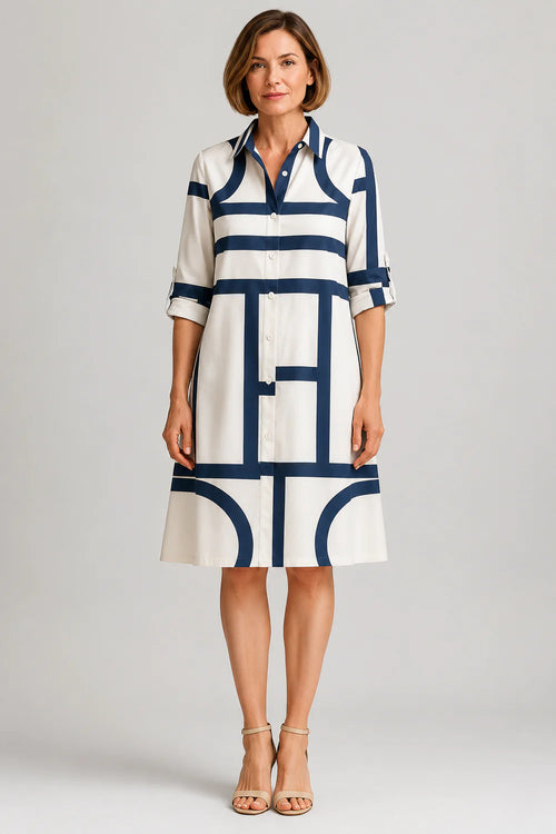 Brooke | Women’s Geometric Print Shirt Dress | Button Front Long Sleeve Everyday Wear-Women Dress-Pick NewYork