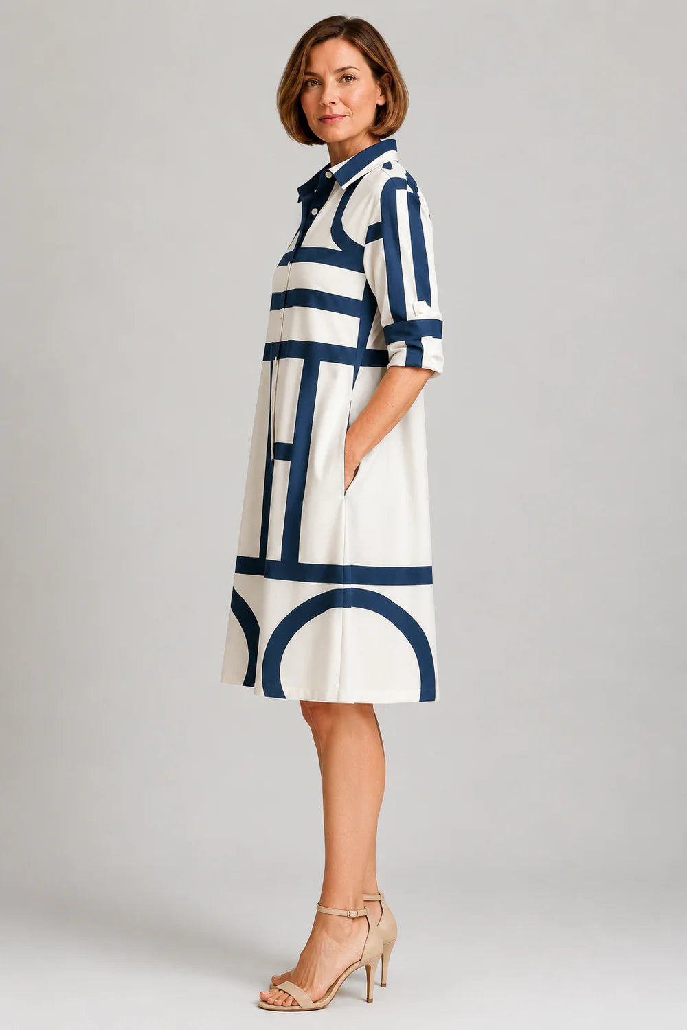 Brooke | Women’s Geometric Print Shirt Dress | Button Front Long Sleeve Everyday Wear-Women Dress-Pick NewYork