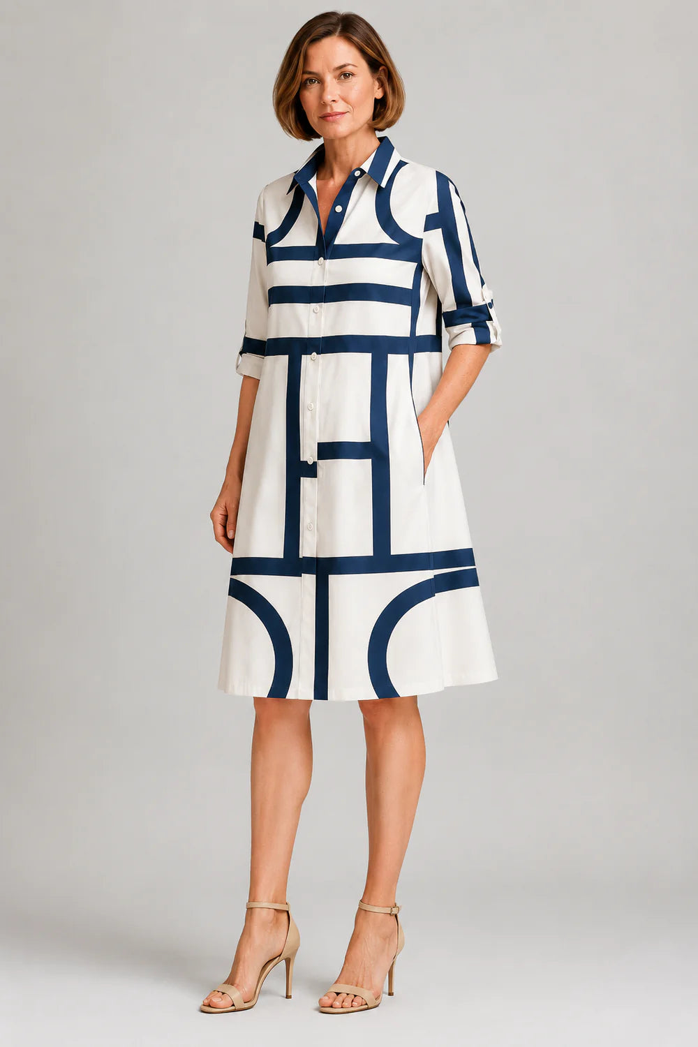 Brooke | Women’s Geometric Print Shirt Dress | Button Front Long Sleeve Everyday Wear-Women Dress-Pick NewYork