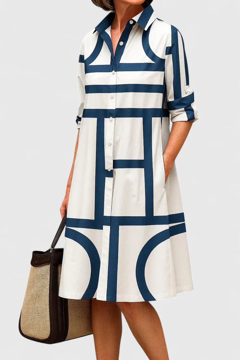 Brooke | Women’s Geometric Print Shirt Dress | Button Front Long Sleeve Everyday Wear-Women Dress-Pick NewYork