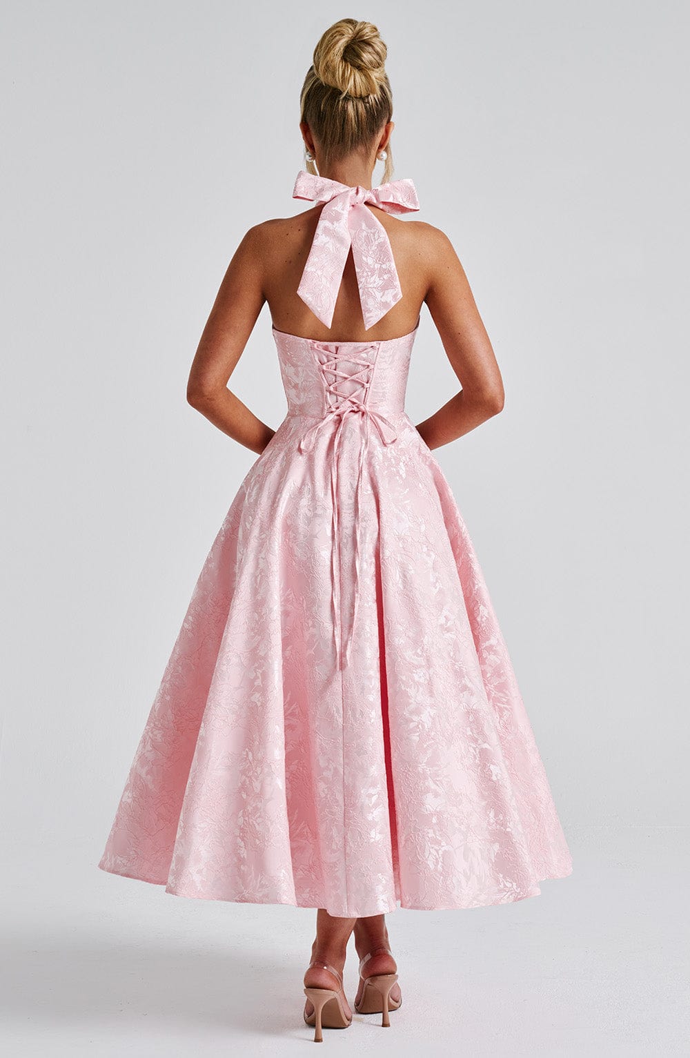 Brooklyn | Women’s Halter Neck Pattern Midi Dress | Open Back Full Skirt Wedding Guest-Women Dress-Pick NewYork