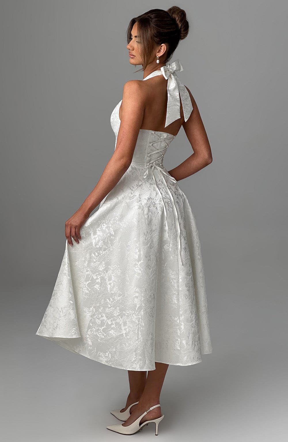 Brooklyn | Women’s Halter Neck Pattern Midi Dress | Open Back Full Skirt Wedding Guest-Women Dress-Pick NewYork