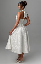 Brooklyn | Women’s Halter Neck Pattern Midi Dress | Open Back Full Skirt Wedding Guest-Women Dress-Pick NewYork