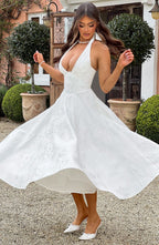 Brooklyn | Women’s Halter Neck Pattern Midi Dress | Open Back Full Skirt Wedding Guest-Women Dress-Pick NewYork