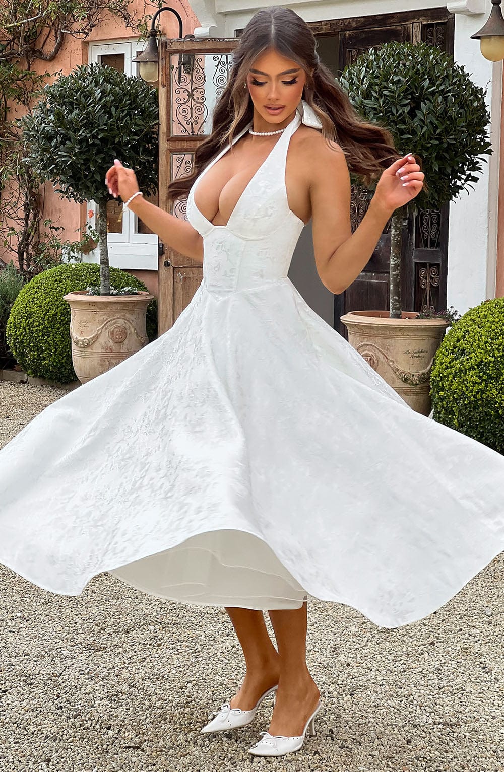 Brooklyn | Women’s Halter Neck Pattern Midi Dress | Open Back Full Skirt Wedding Guest-Women Dress-Pick NewYork