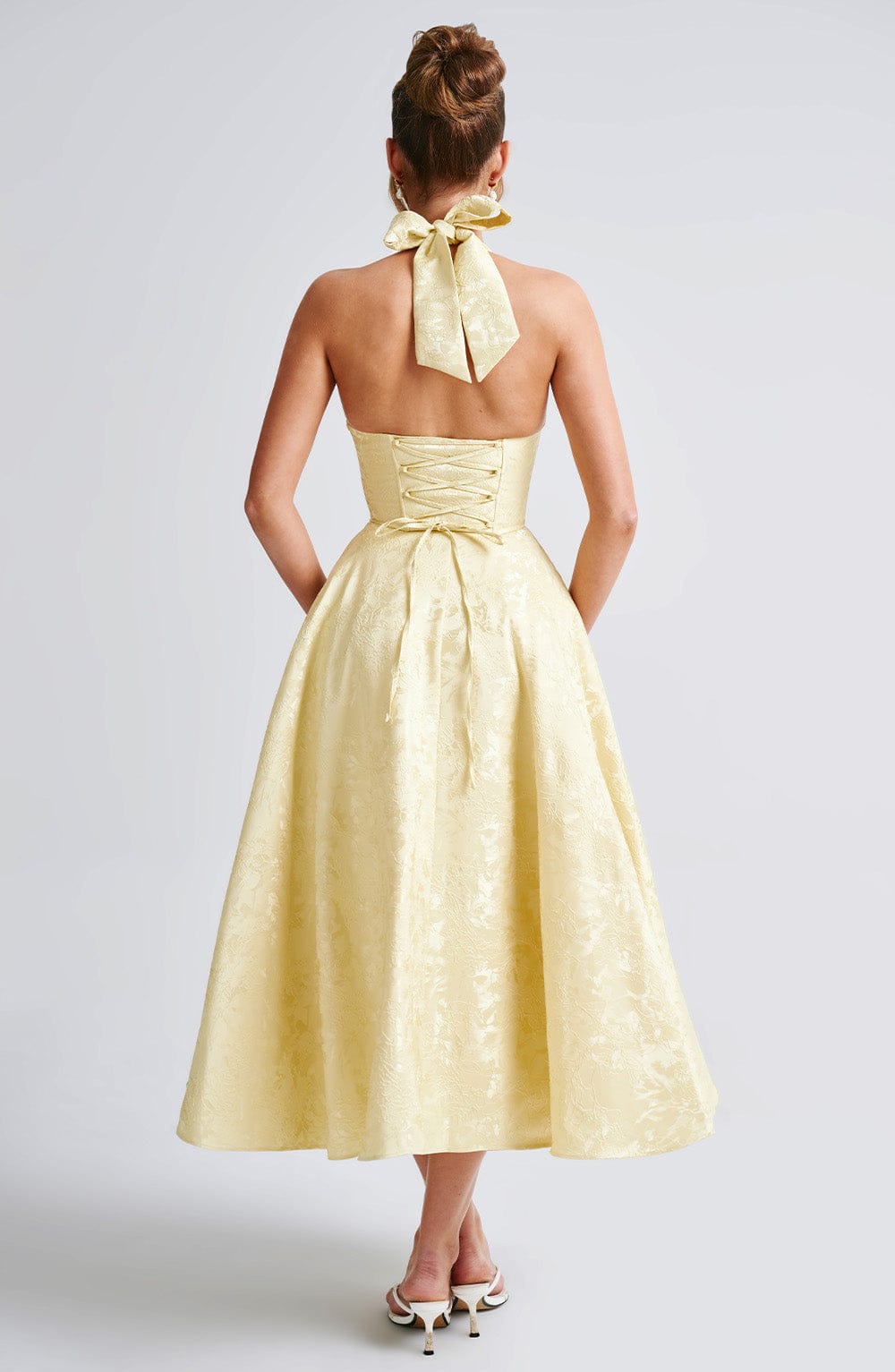 Brooklyn | Women’s Halter Neck Pattern Midi Dress | Open Back Full Skirt Wedding Guest-Women Dress-Pick NewYork