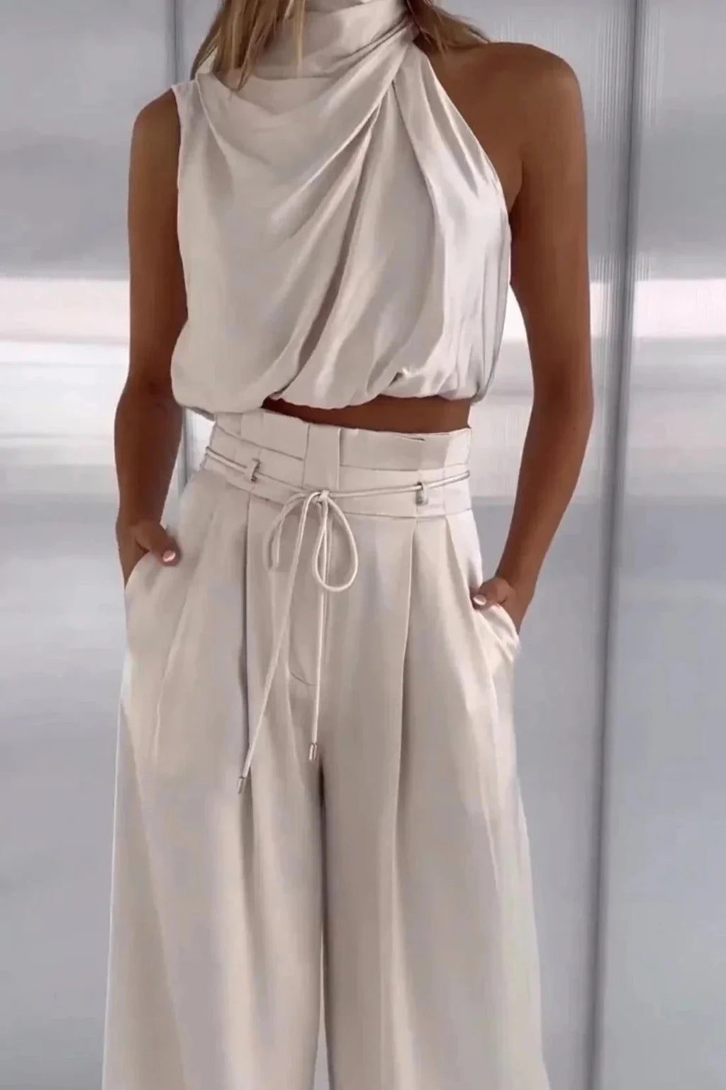Camille | Women’s Two Piece Set | Halter Crop Top Wide Leg-Women Outfit Set-Pick NewYork