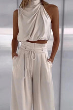 Camille | Women’s Two Piece Set | Halter Crop Top Wide Leg-Women Outfit Set-Pick NewYork