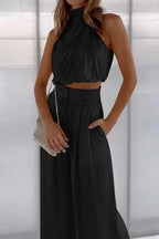 Camille | Women’s Two Piece Set | Halter Crop Top Wide Leg-Women Outfit Set-Pick NewYork