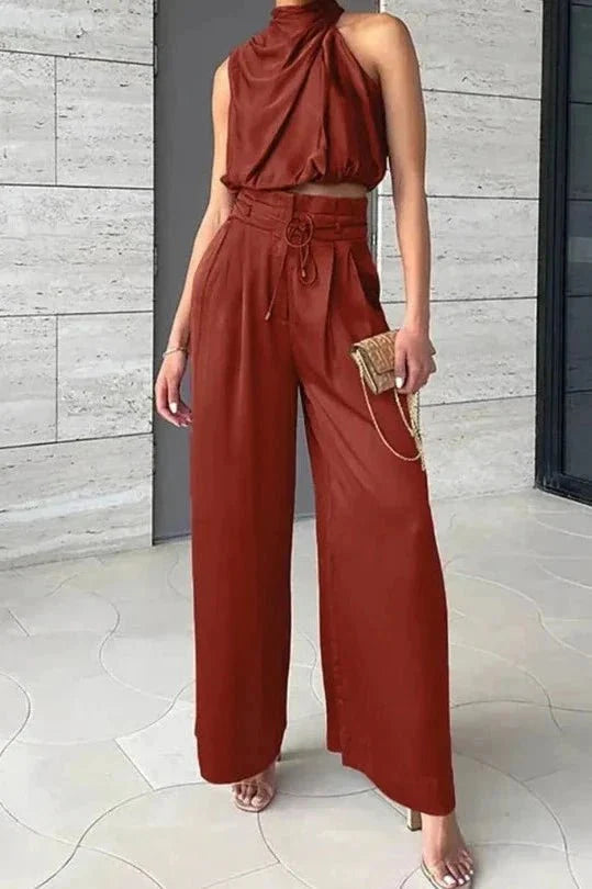 Camille | Women’s Two Piece Set | Halter Crop Top Wide Leg-Women Outfit Set-Pick NewYork