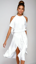 Celeste | Women's Halter Midi Dress | Cold Shoulder Wrap Front-Women Dress-Pick NewYork