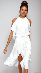 Celeste | Women's Halter Midi Dress | Cold Shoulder Wrap Front-Women Dress-Pick NewYork